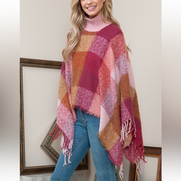 29 Boho Plaid Turtle Neck Poncho - Picture 2 of 5